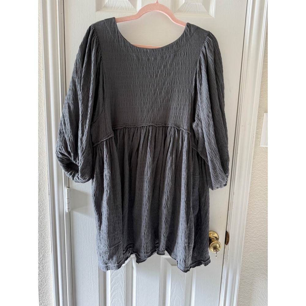 FP Beach‎ Gray Textured Babydoll Mini Dress Puff Sleeve Keyhole Back